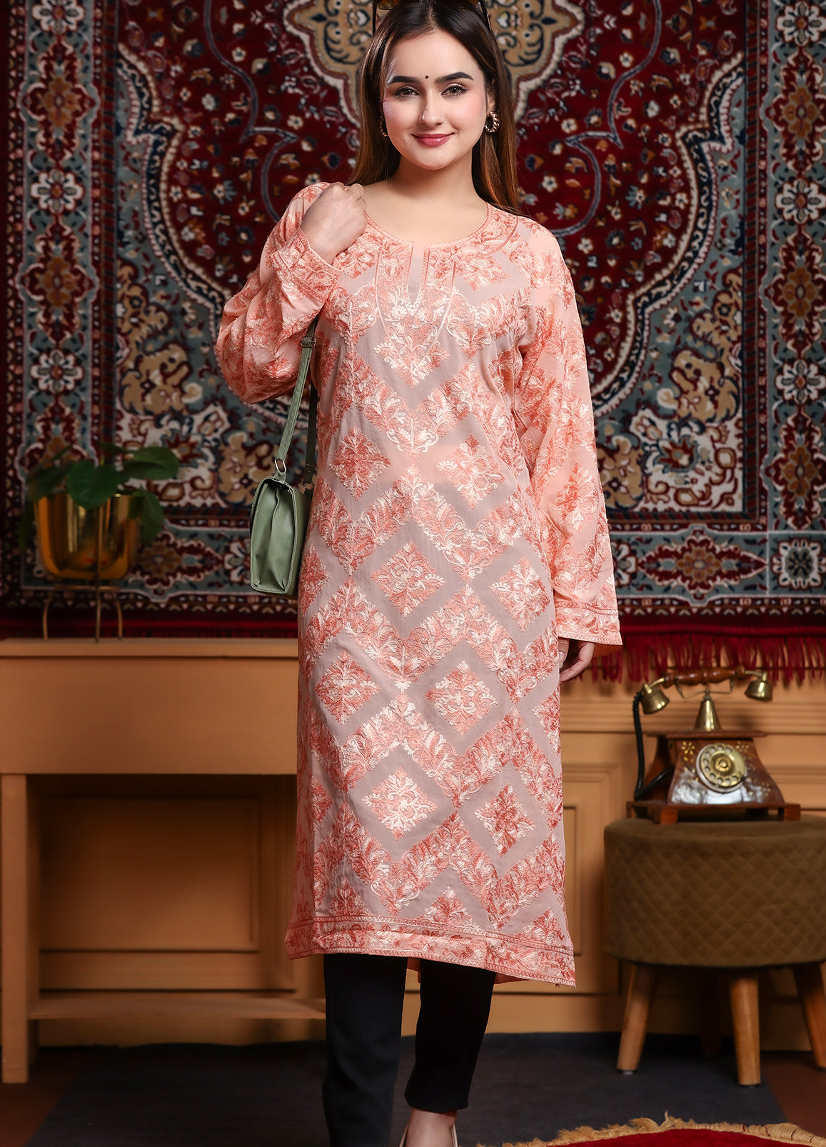 Peach Kashmiri Ari Work Georgette Long Kurta – Free Size