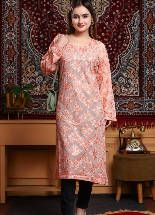 Peach Kashmiri Ari Work Georgette Long Kurta – Free Size