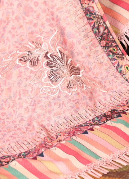Powder Pink Hand Aari  and kalamkari Embroidered Stole