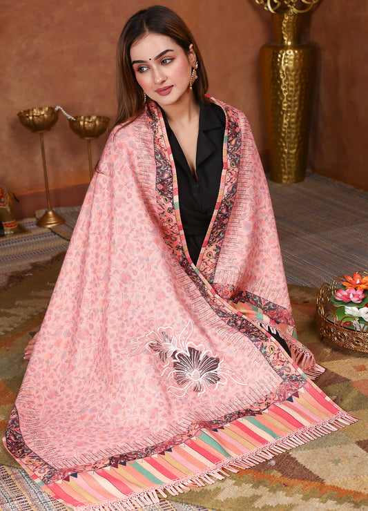 Powder Pink Hand Aari  and kalamkari Embroidered Stole