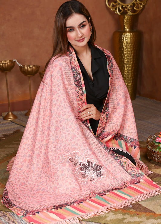 Powder Pink Hand Aari  and kalamkari Embroidered Stole
