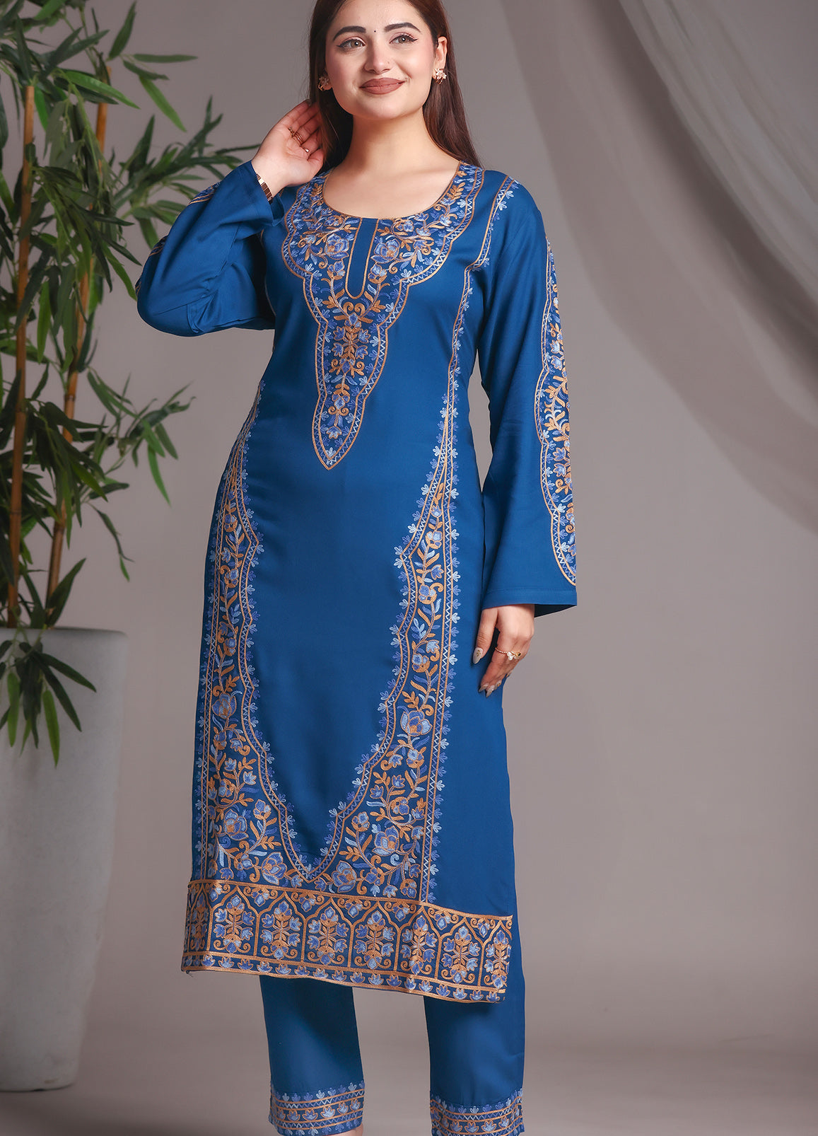 Kashmiri Ari Work Rayon Straight Embroidered Kurta With Pant