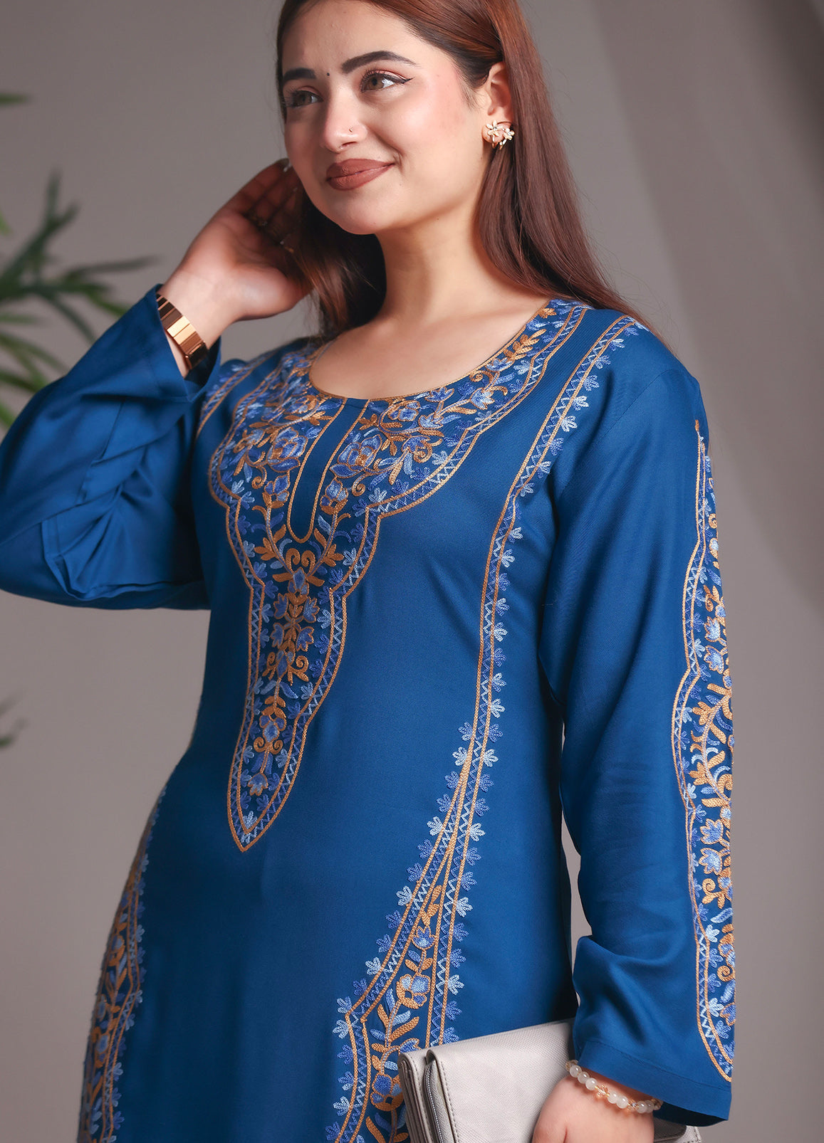 Kashmiri Ari Work Rayon Straight Embroidered Kurta With Pant