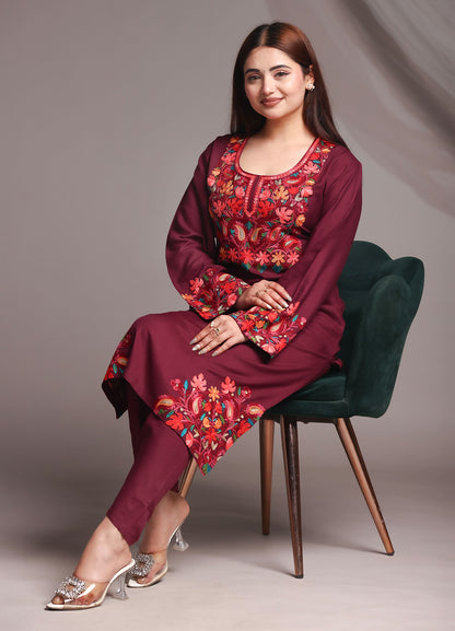 Kashmiri Ari Work Red Rayon Straight Kurta with Pant Set