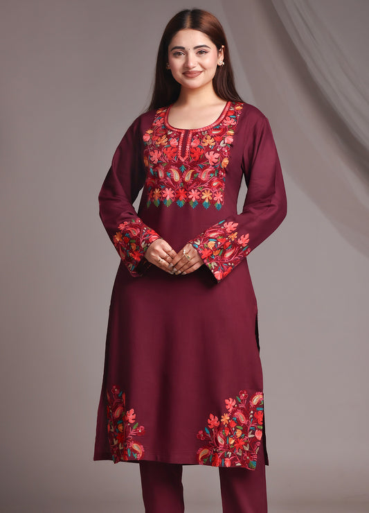 Kashmiri Ari Work Red Rayon Straight Kurta with Pant Set