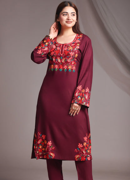 Kashmiri Ari Work Red Rayon Straight Kurta with Pant Set