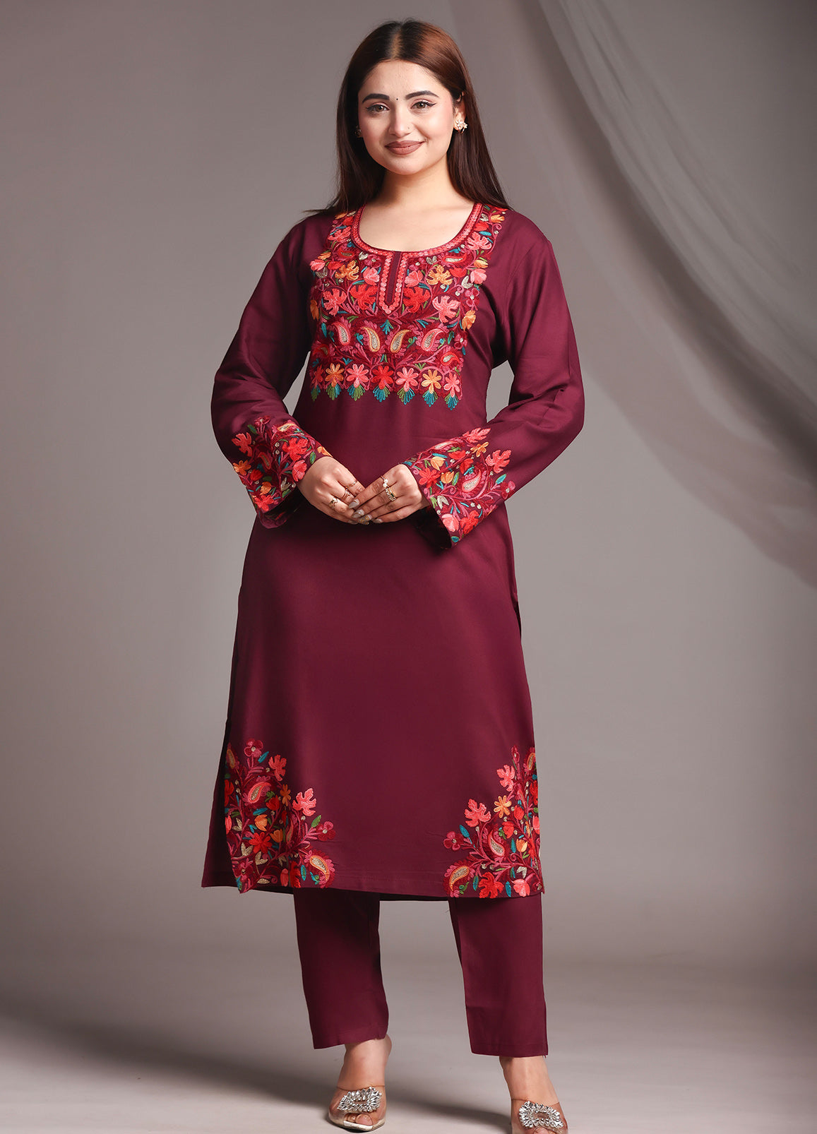 Kashmiri Ari Work Red Rayon Straight Kurta with Pant Set