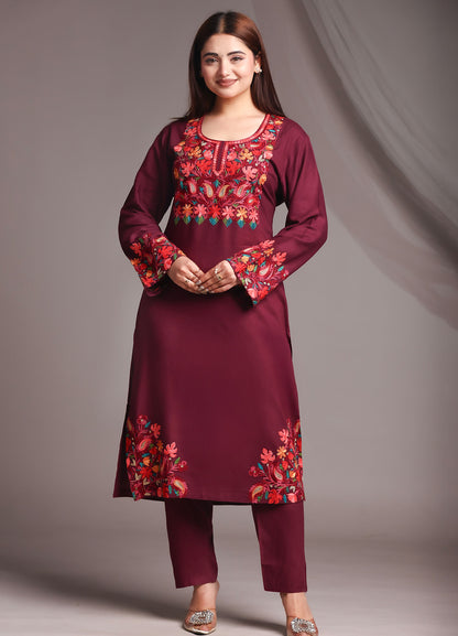Kashmiri Ari Work Red Rayon Straight Kurta with Pant Set