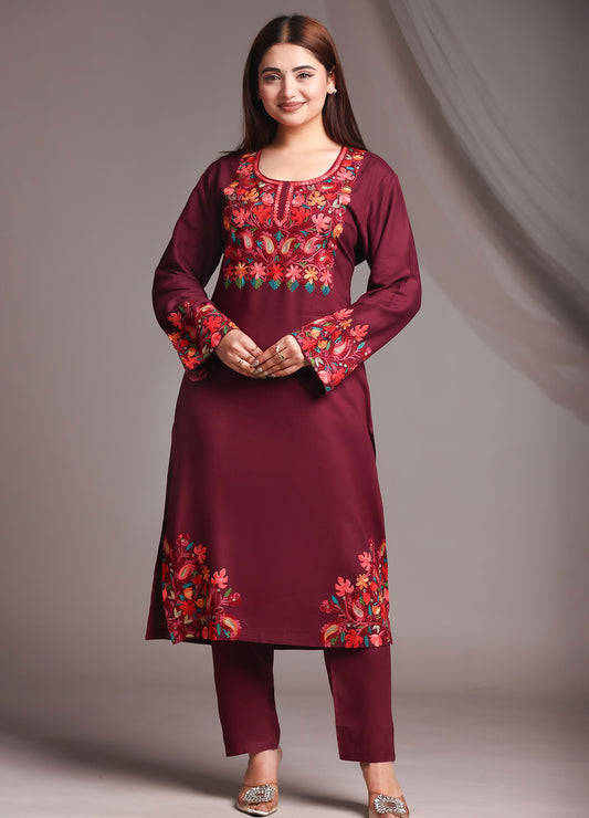 Kashmiri Ari Work Red Rayon Straight Kurta with Pant Set