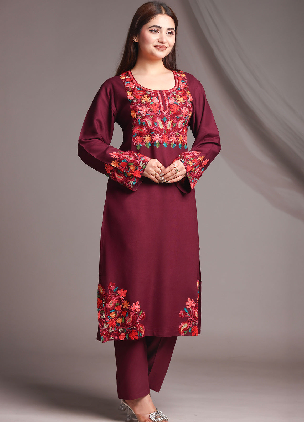 Kashmiri Ari Work Red Rayon Straight Kurta with Pant Set