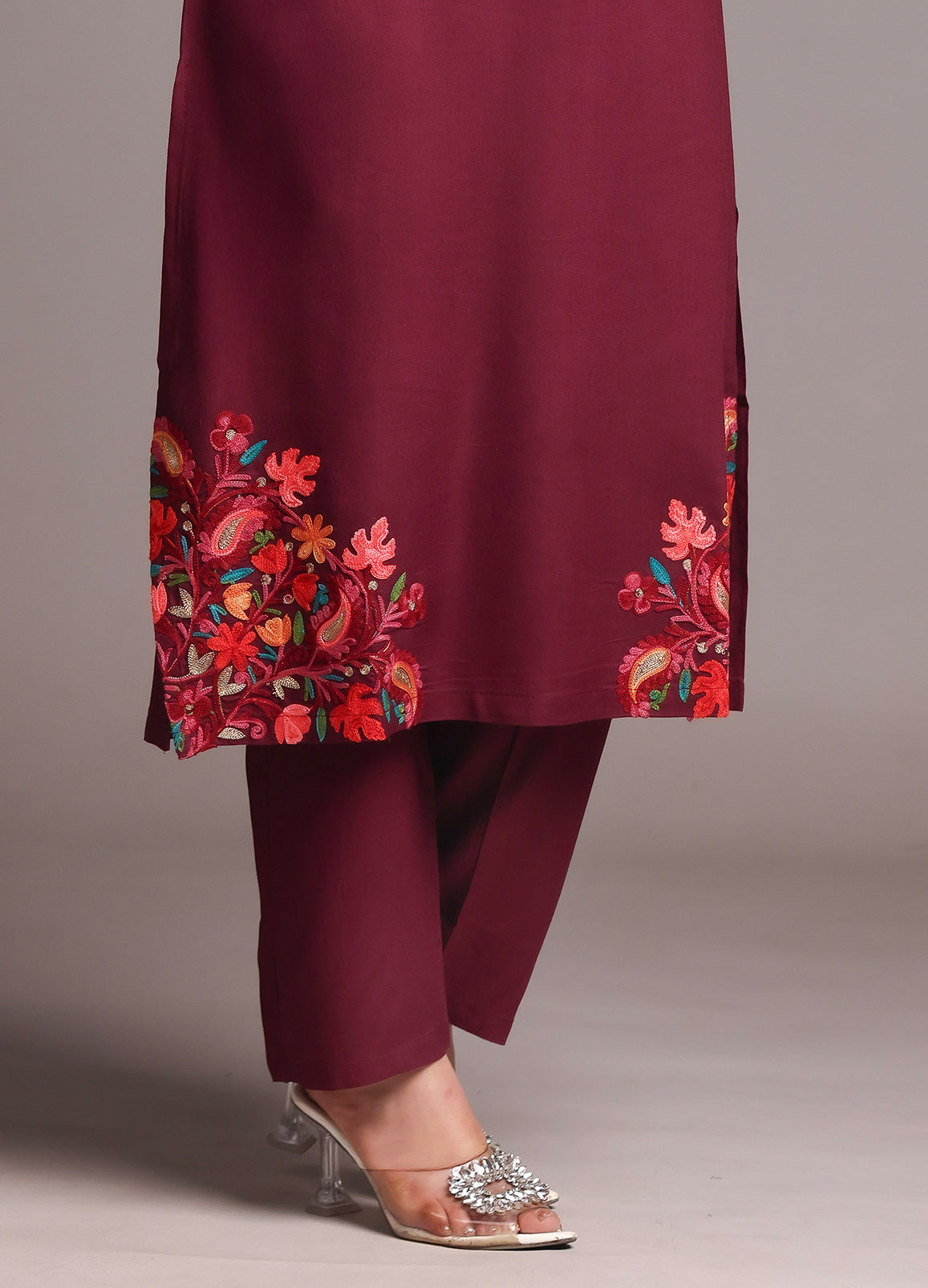 Kashmiri Ari Work Red Rayon Straight Kurta with Pant Set