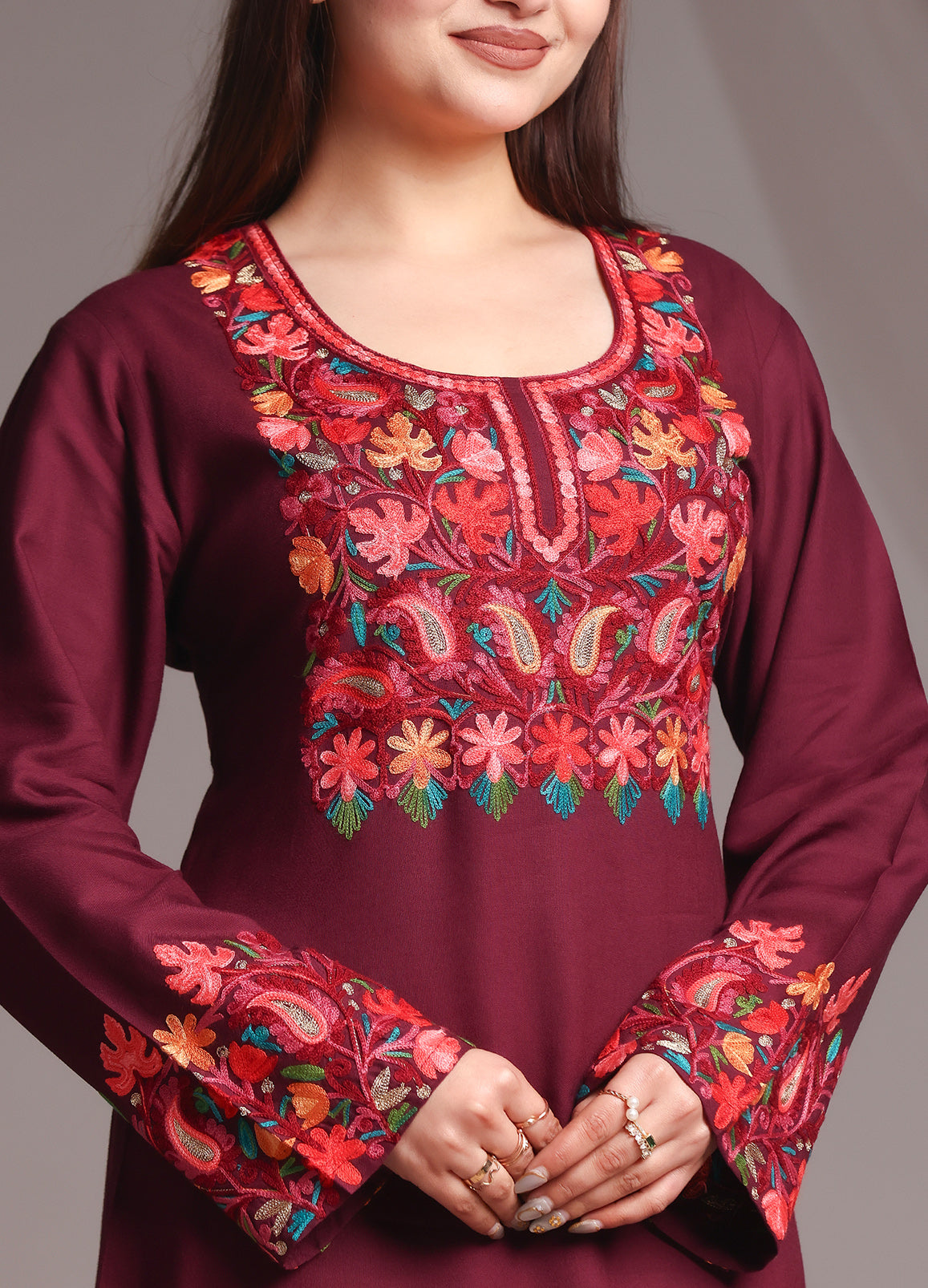 Kashmiri Ari Work Red Rayon Straight Kurta with Pant Set