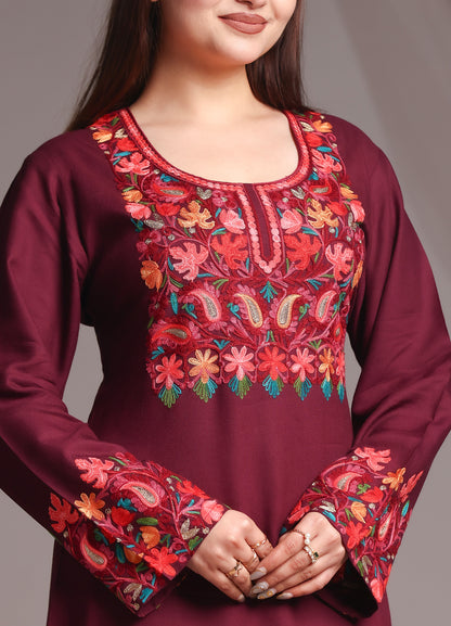 Kashmiri Ari Work Red Rayon Straight Kurta with Pant Set