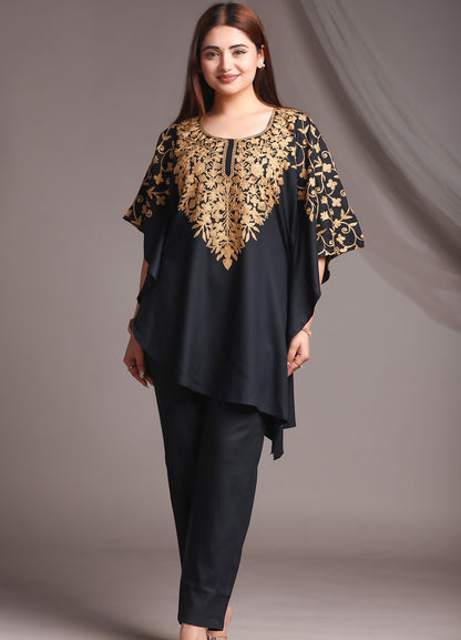 Kaftan Kashmiri Ari Work Black Rayon Embroidered Kaftan Set