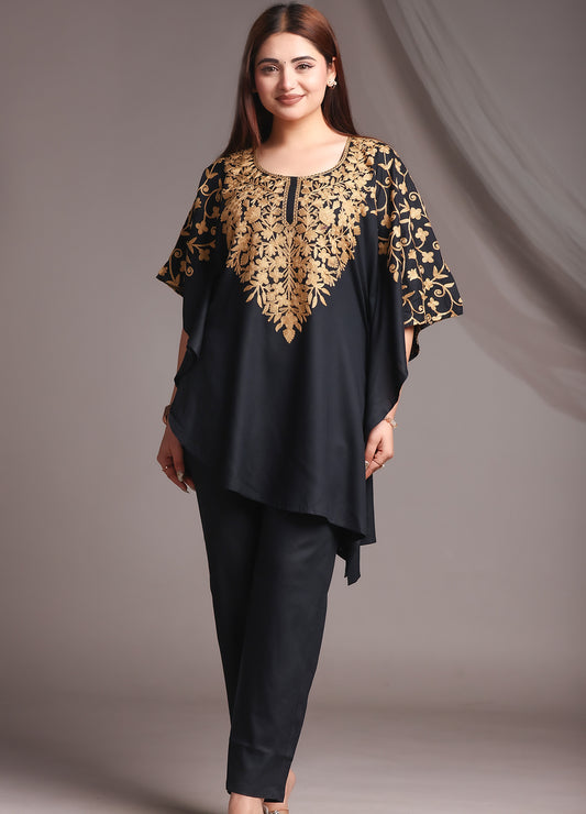 Kaftan Kashmiri Ari Work Black Rayon Embroidered Kaftan Set