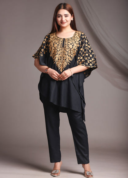 Kaftan Kashmiri Ari Work Black Rayon Embroidered Kaftan Set