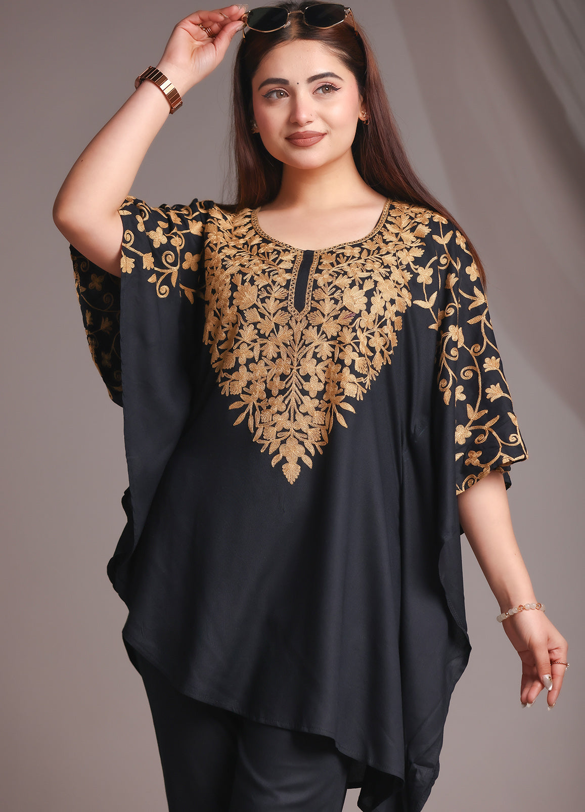 Kaftan Kashmiri Ari Work Black Rayon Embroidered Kaftan Set