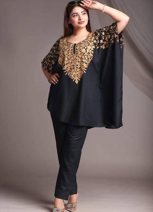 Kaftan Kashmiri Ari Work Black Rayon Embroidered Kaftan Set