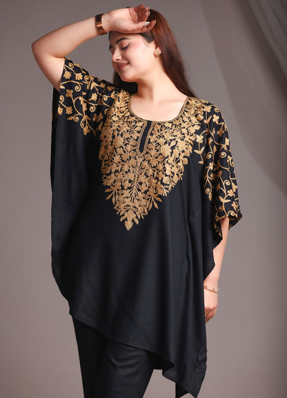 Kaftan Kashmiri Ari Work Black Rayon Embroidered Kaftan Set