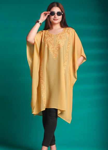 Women’s Yellow Ari Work Embroidered Georgette Kaftan Kurta
