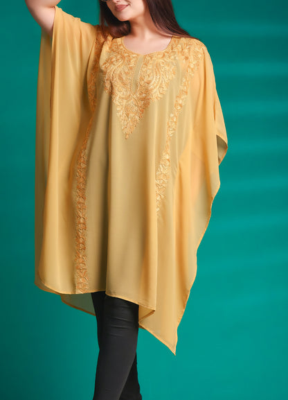 Women’s Yellow Ari Work Embroidered Georgette Kaftan Kurta