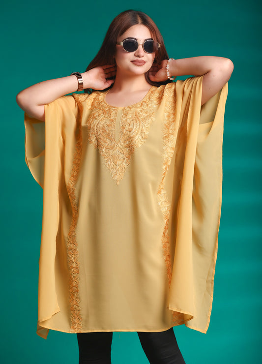 Women’s Yellow Ari Work Embroidered Georgette Kaftan Kurta