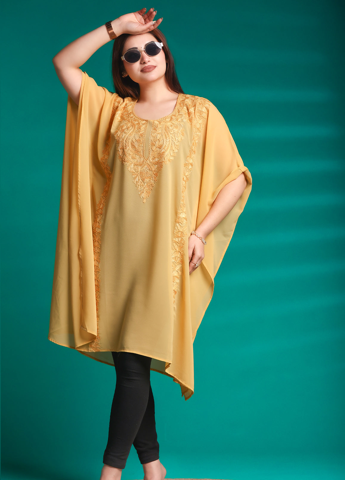 Women’s Yellow Ari Work Embroidered Georgette Kaftan Kurta