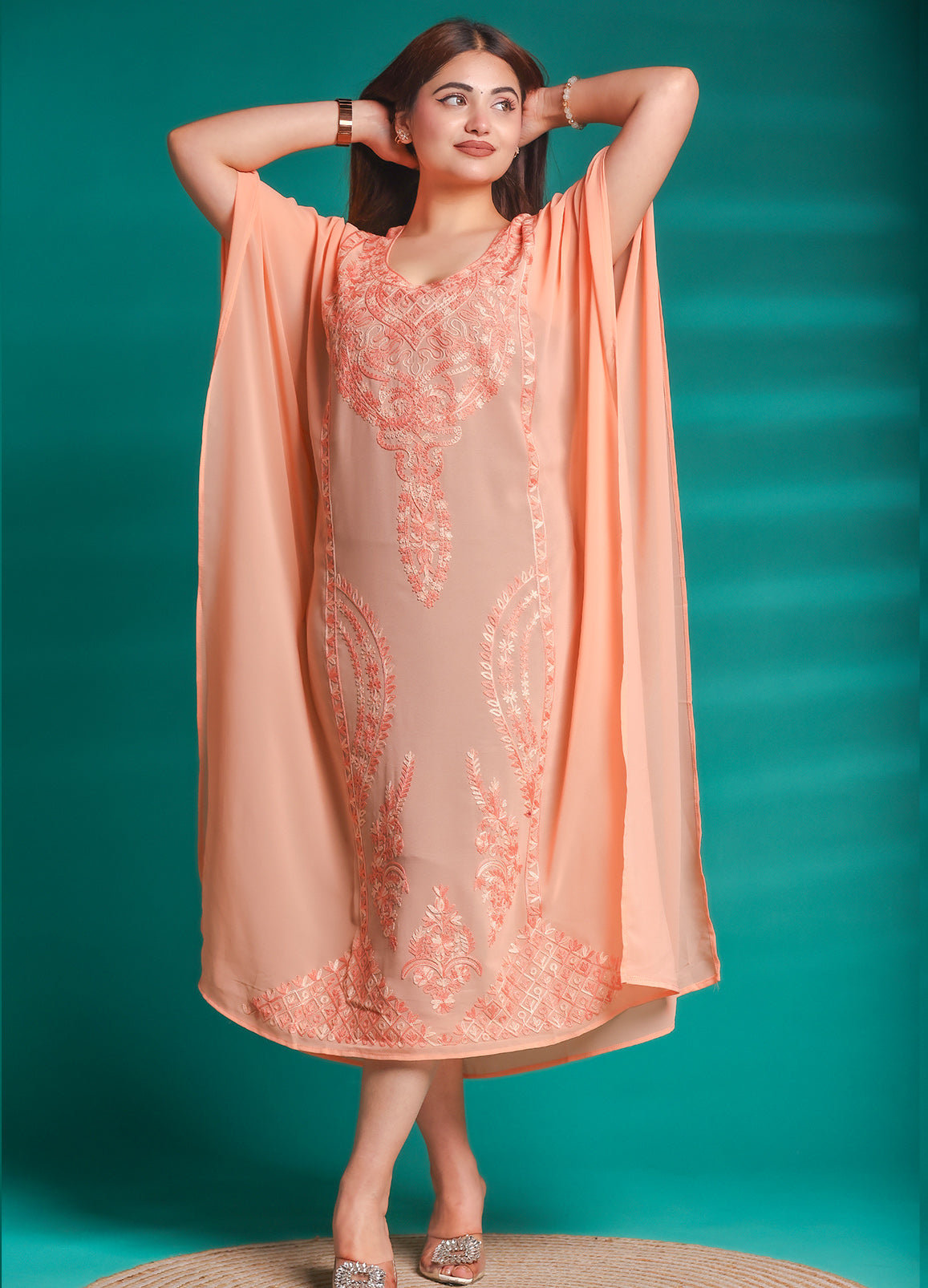 Women’s Peach Kashmiri Ari Work Embroidered Georgette Kaftan Kurta