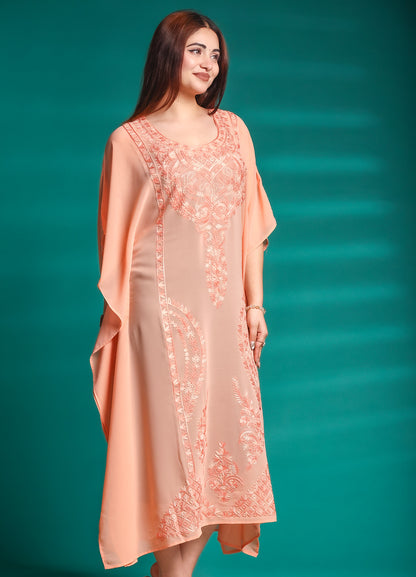 Women’s Peach Kashmiri Ari Work Embroidered Georgette Kaftan Kurta