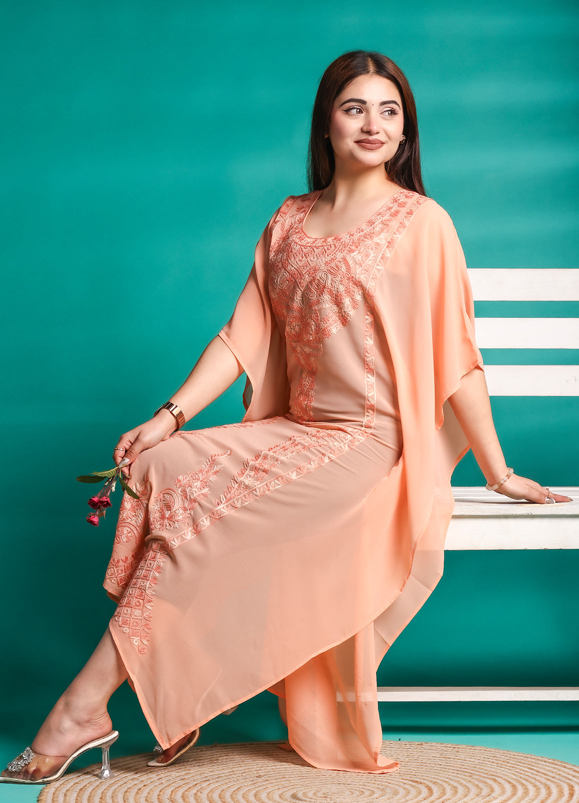 Women’s Peach Kashmiri Ari Work Embroidered Georgette Kaftan Kurta