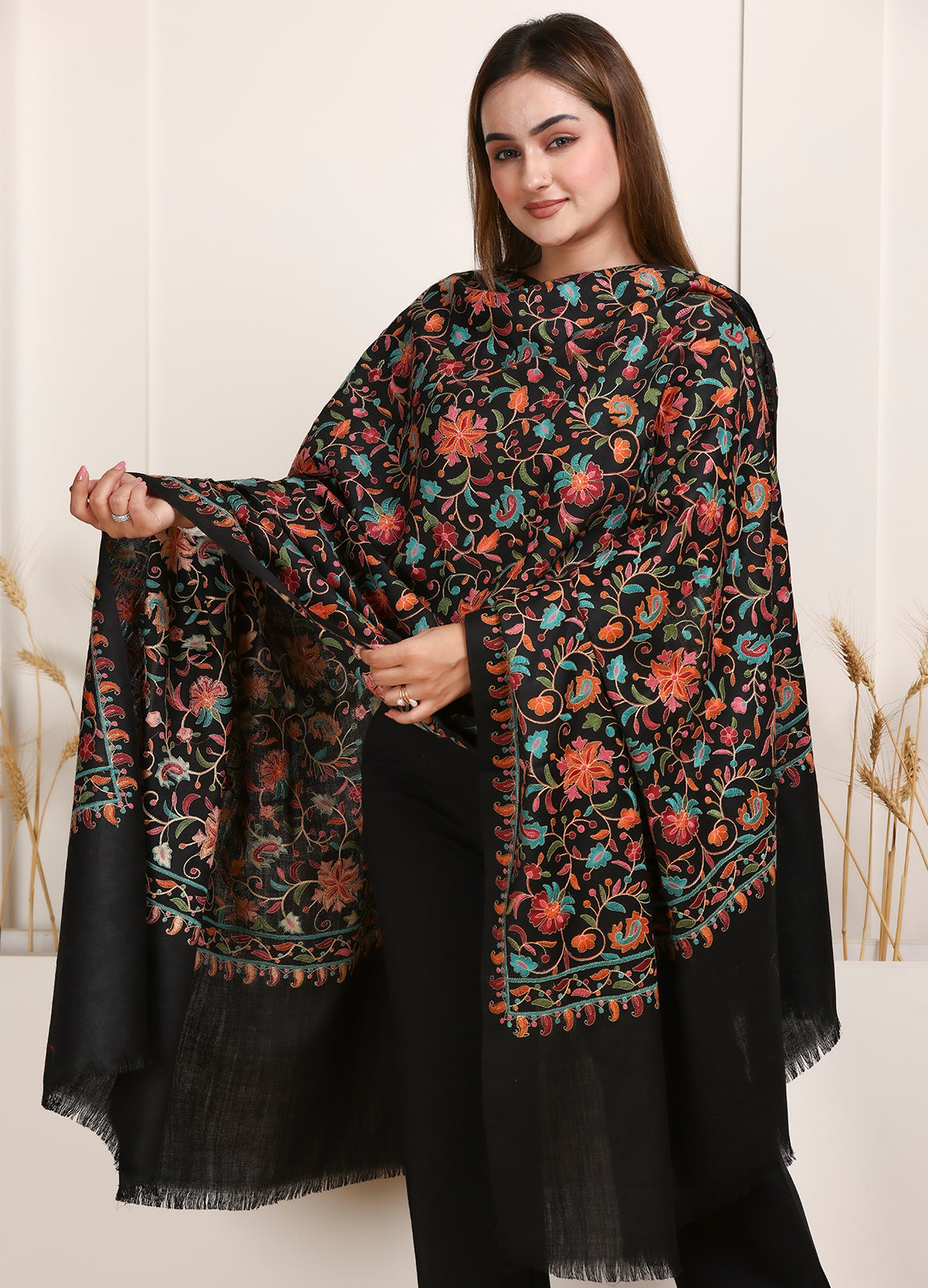 Rangrez 100% Pure Wool Fabric Sozni Hand Embroidered Shawl