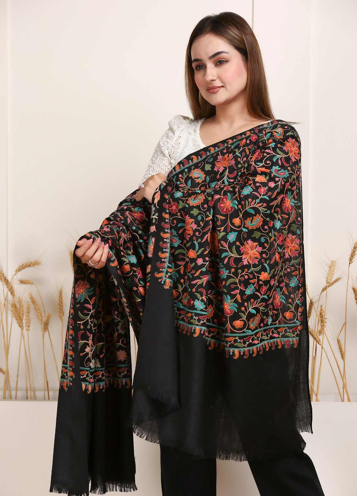 Rangrez 100% Pure Wool Fabric Sozni Hand Embroidered Shawl