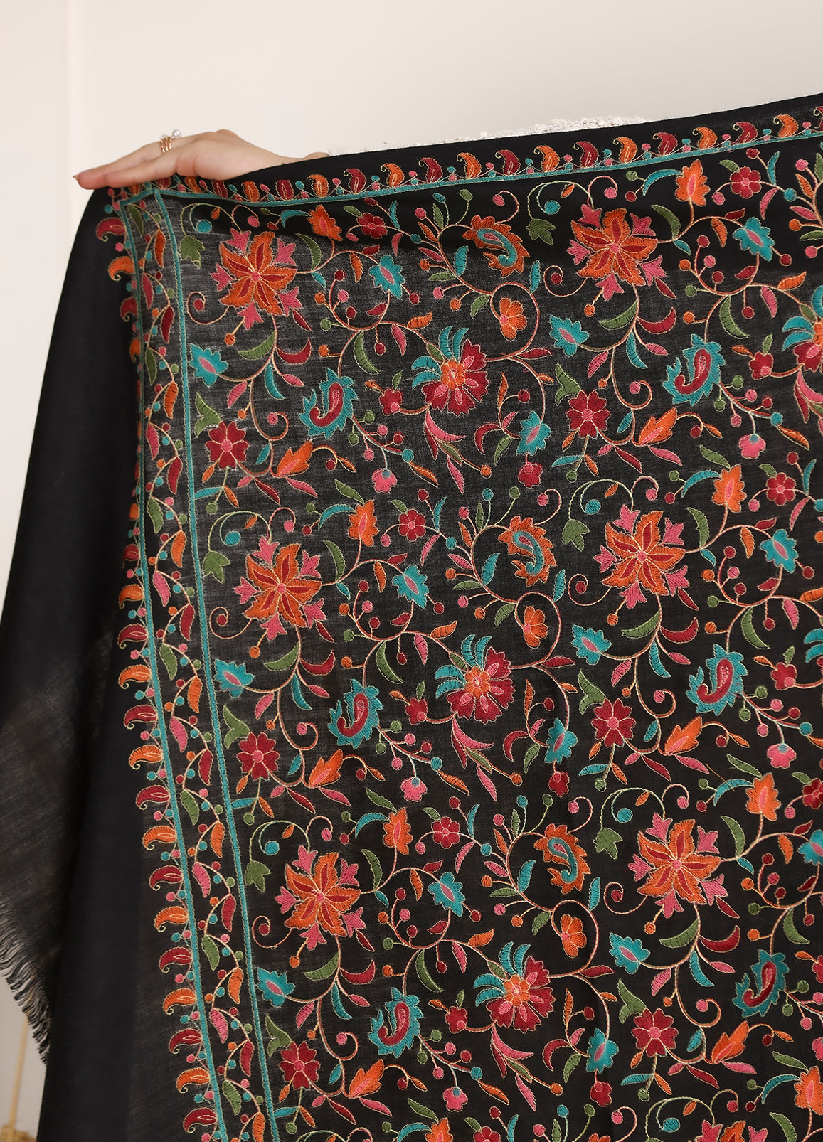 Rangrez 100% Pure Wool Fabric Sozni Hand Embroidered Shawl