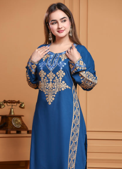 Royal Blue Embroidered Straight Kurta Pant Set for Women | Premium Ethnic Wear