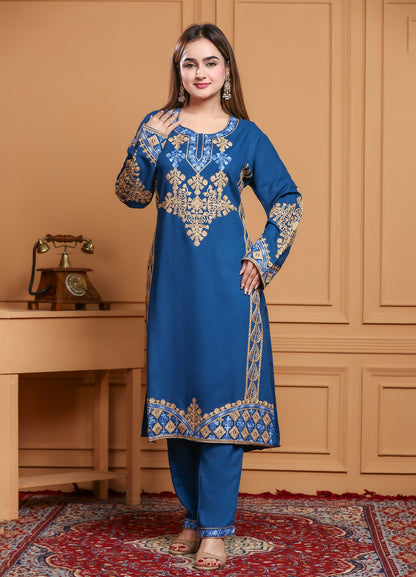 Royal Blue Embroidered Straight Kurta Pant Set for Women | Premium Ethnic Wear
