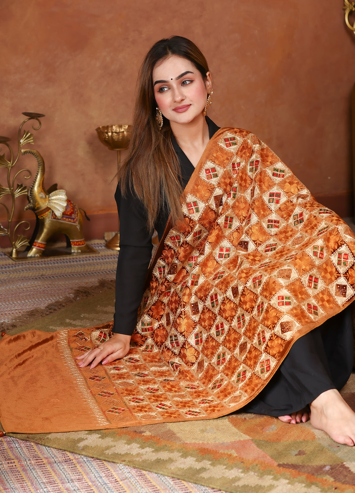 Rust Gold Phulkari Embroidered Valvet Stole