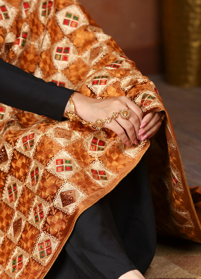 Rust Gold Phulkari Embroidered Valvet Stole