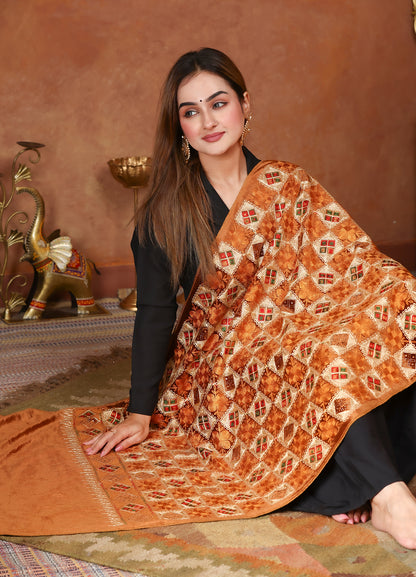 Rust Gold Phulkari Embroidered Valvet Stole