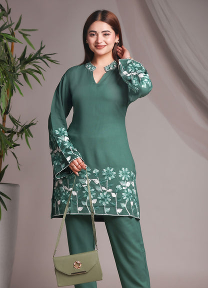 Sea Green Floral Embroidered Rayon Straight Kurta With Pant