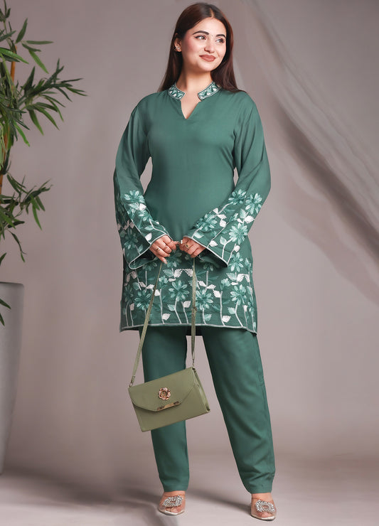 Sea Green Floral Embroidered Rayon Straight Kurta With Pant