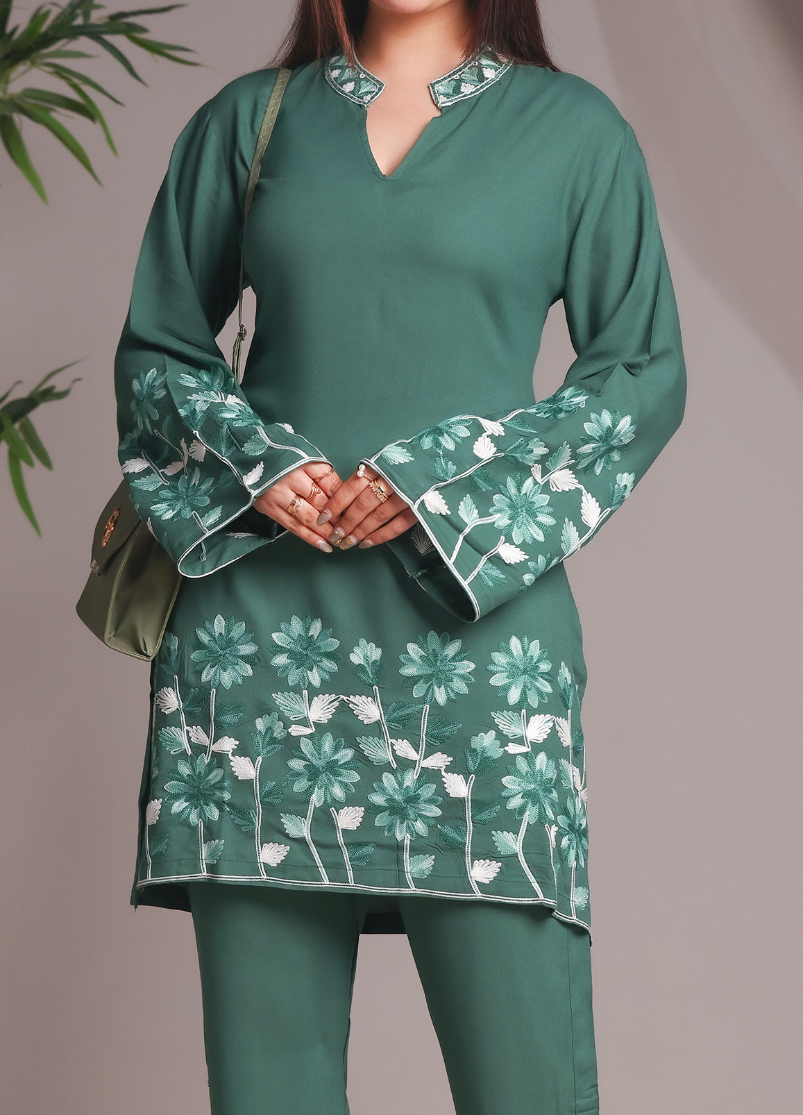 Sea Green Floral Embroidered Rayon Straight Kurta With Pant