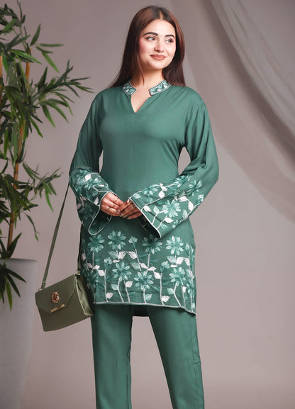 Sea Green Floral Embroidered Rayon Straight Kurta With Pant