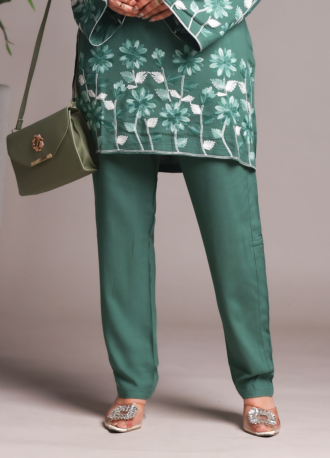 Sea Green Floral Embroidered Rayon Straight Kurta With Pant