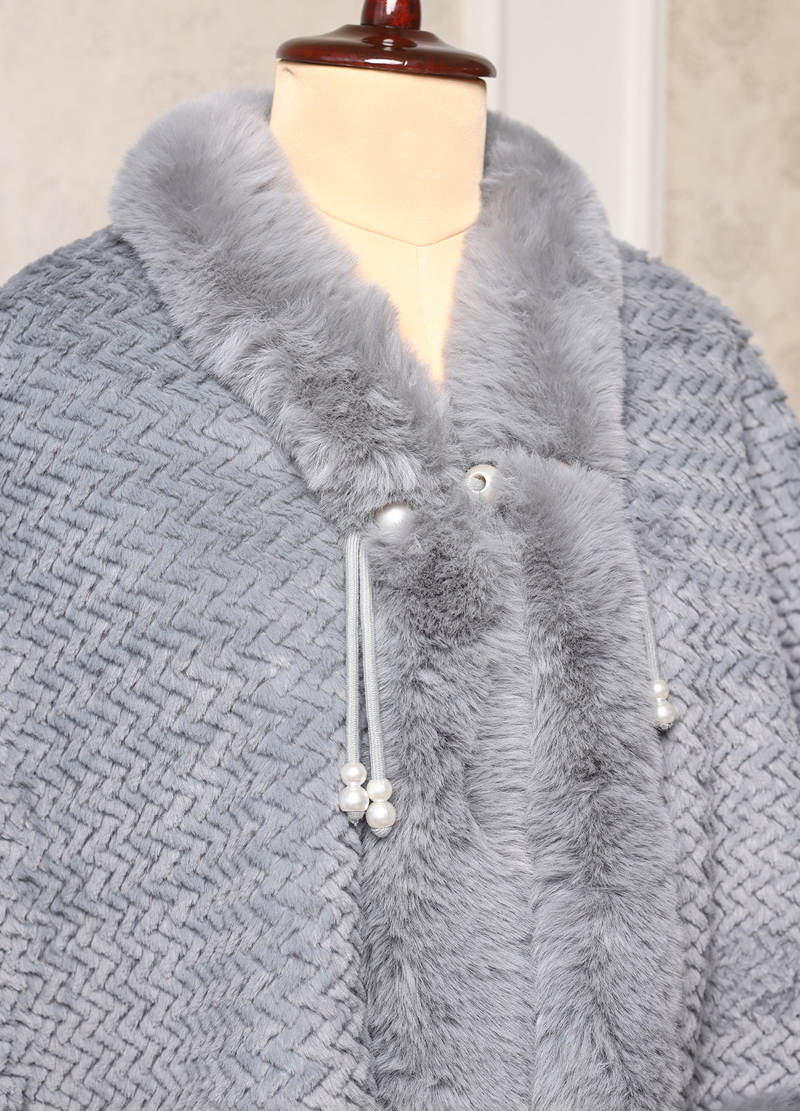Super Soft Grey Poncho With Rich Fur Detailing