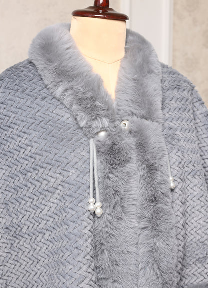 Super Soft Grey Poncho With Rich Fur Detailing