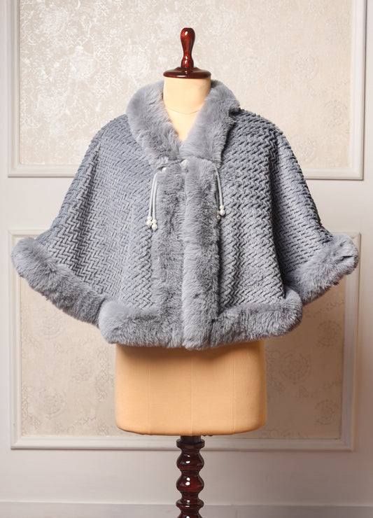 Super Soft Grey Poncho With Rich Fur Detailing