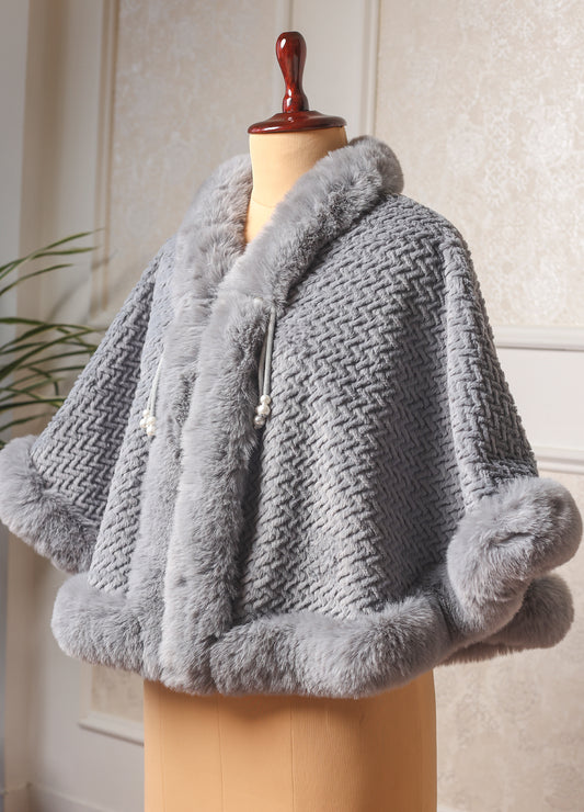 Super Soft Grey Poncho With Rich Fur Detailing