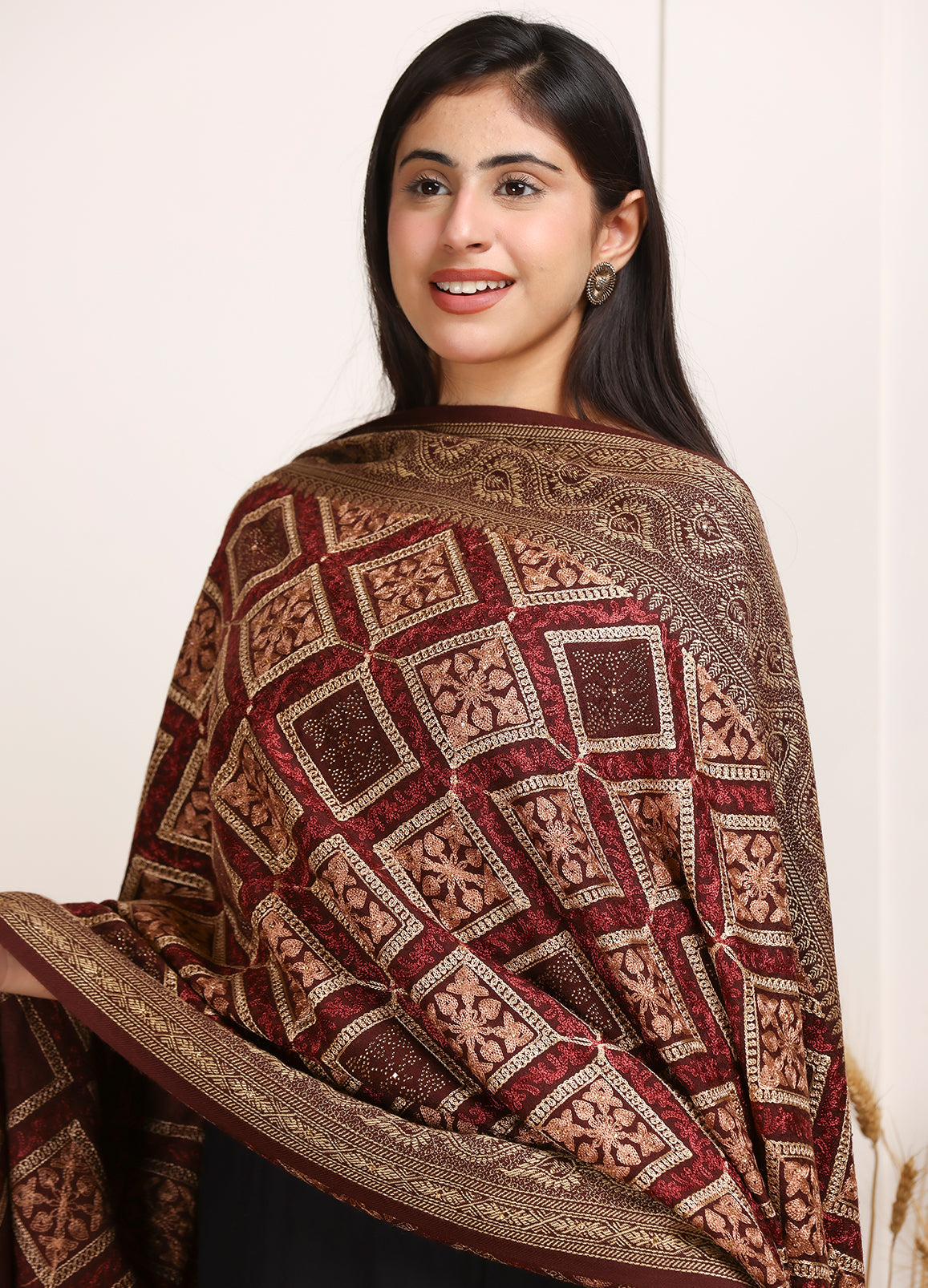 Surmai Women Fine Wool Nalki Hand Embroidered Shawl
