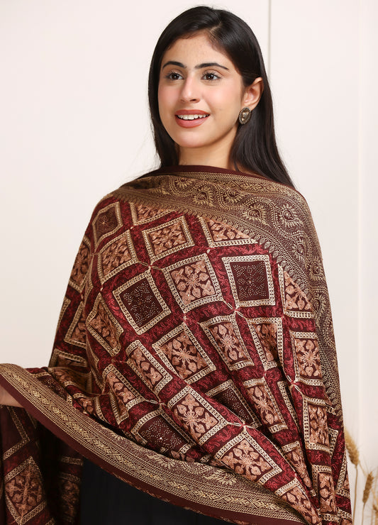 Surmai Women Fine Wool Nalki Hand Embroidered Shawl
