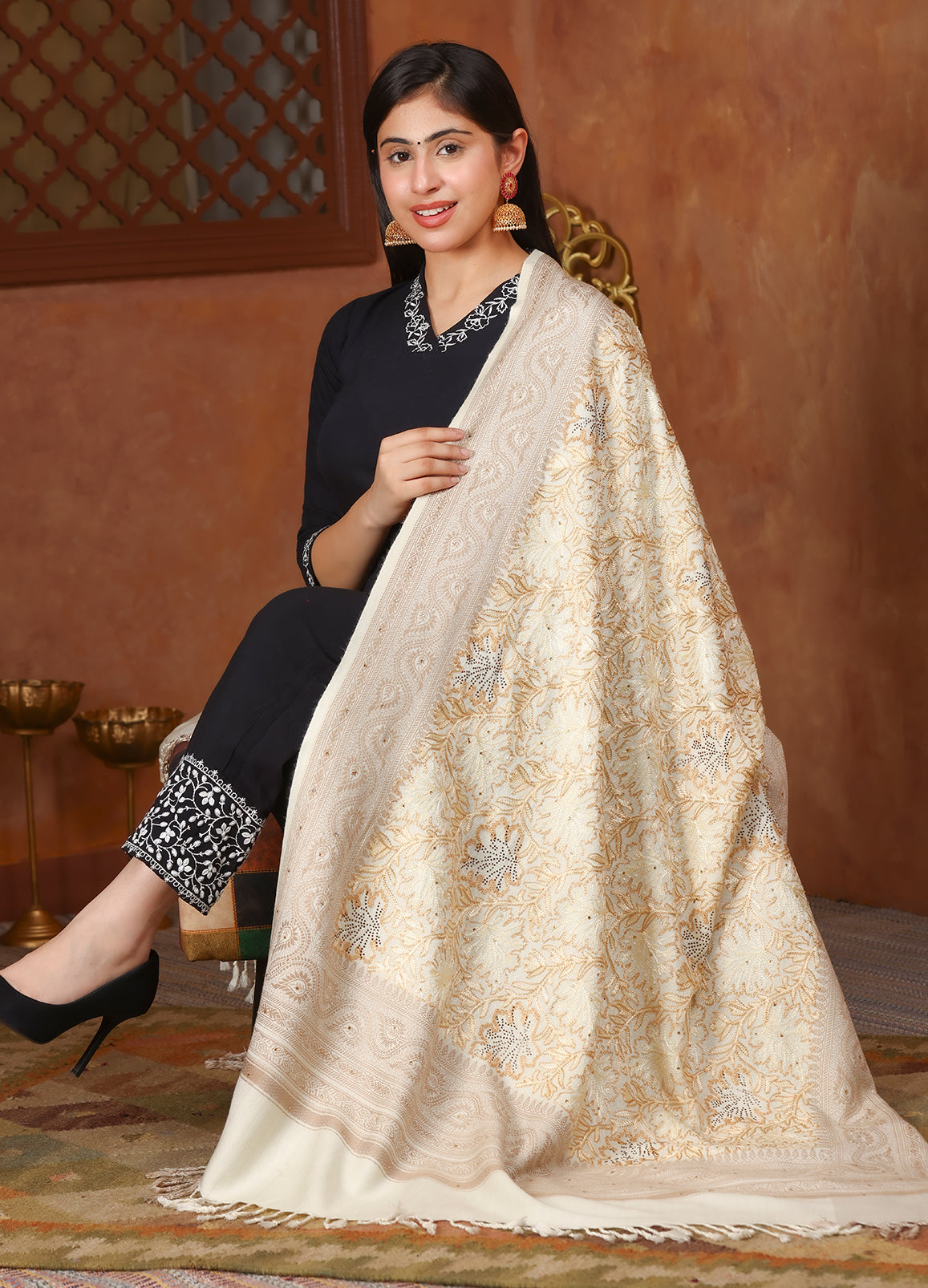 Tone To Tone Chinar Nalki Embroidery Shawl Crystal Stone Work